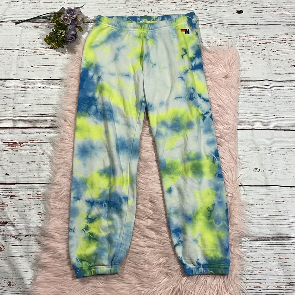 Aviator Nation Yellow Blue High Rise Tie Dye Sweatpants